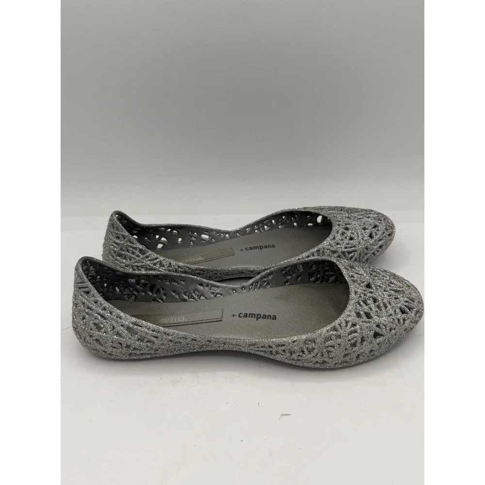 MELISSA CAMPANA ZIG ZAG IV SILVER GLITTER SLIPPERS GIRLS SIZE 2